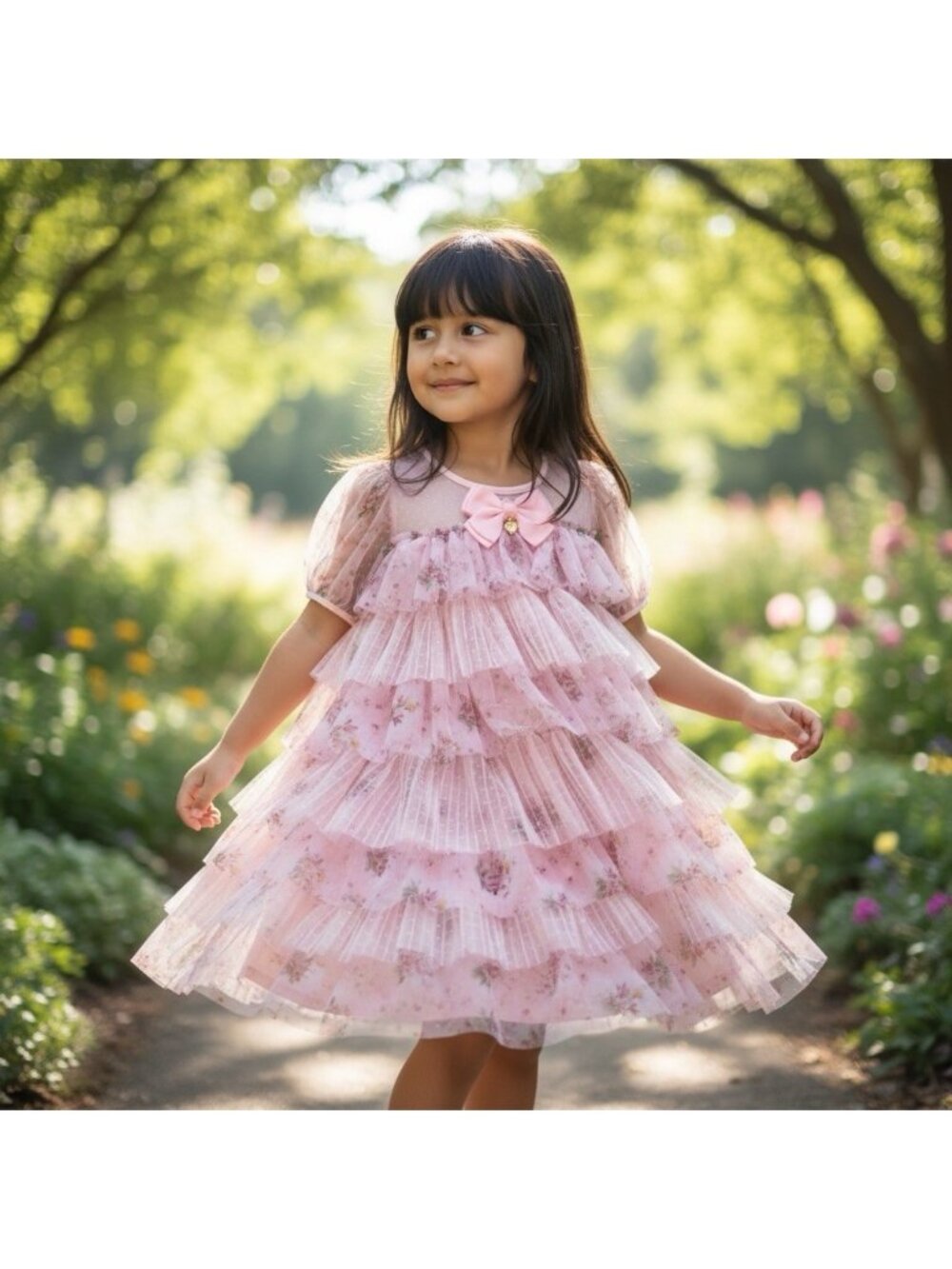 Angel’s Face Girls Pink Pleated Tulle Dress Floral Sheer Puff Sleeves Sz 10y/11y